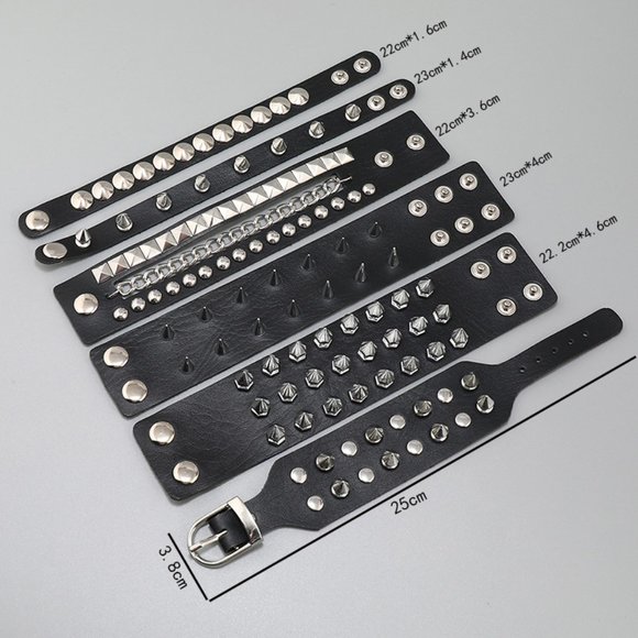 Punk Geometric Leather Plating Rivet Unisex Bangle [6 Pc. Set] - Picture 1 of 5